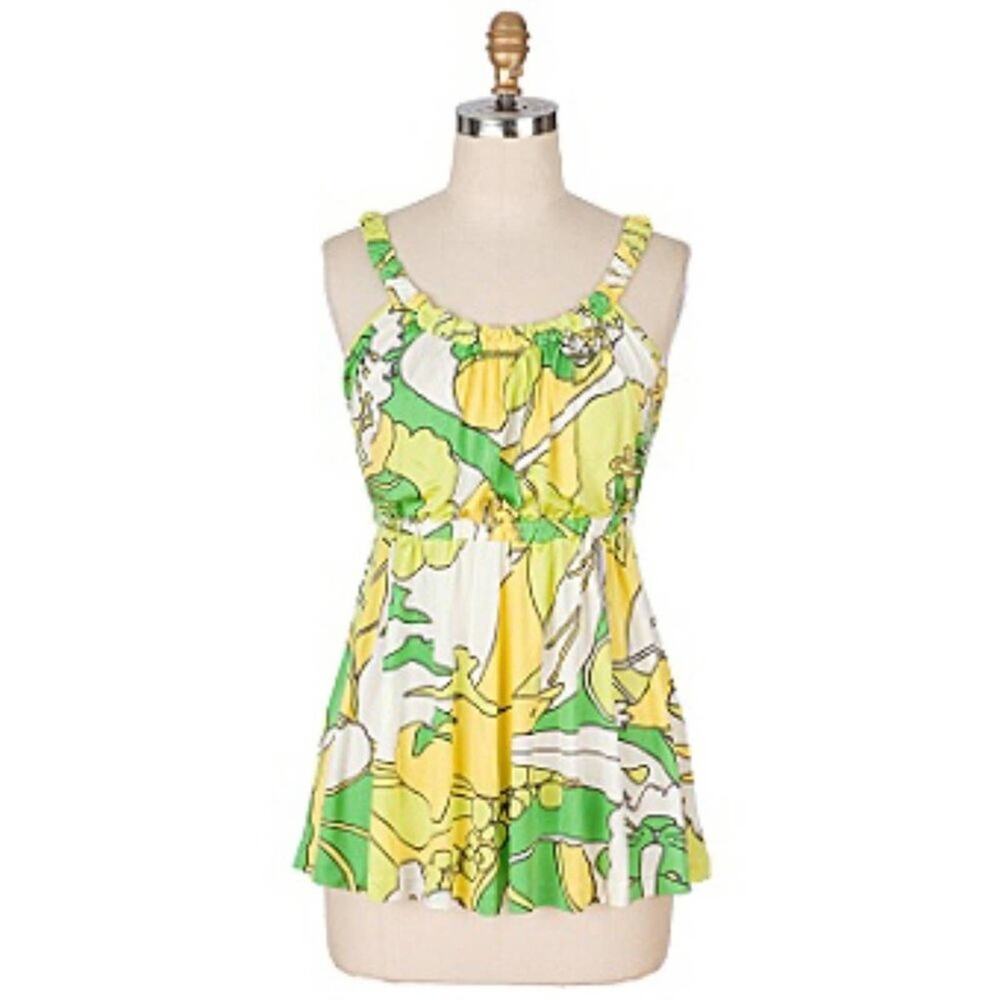 Tibi Yellow Green Floral Tropical Print Knit Cami Tank Top Blouse Womens S